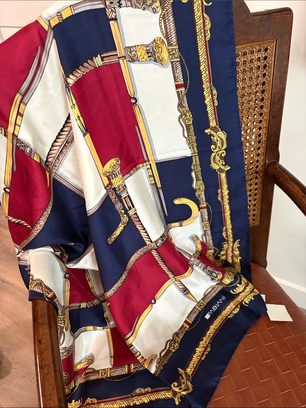 Fabiani 100% Silk Ornate Scarf— NWT—STUNNING! Equestrian Hand Sewn Edges—Navy